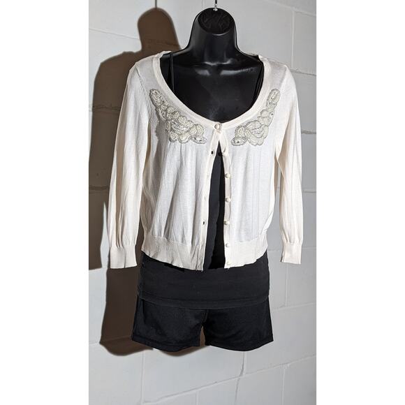 Candie's Beaded Crop Cardigan Sweater Button Down Embellished Knit Top Medium - Picture 1 of 4